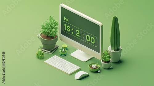 Green Office Workspace with Decorative Plants and Modern Computer