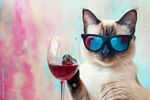 Glamorous Cat: A sophisticated Siamese cat wearing designer sunglasses and holding a glass of red wine with its paw