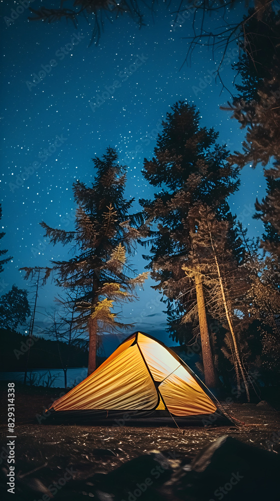 Vertical shot of a camping tent near trees during nighttime