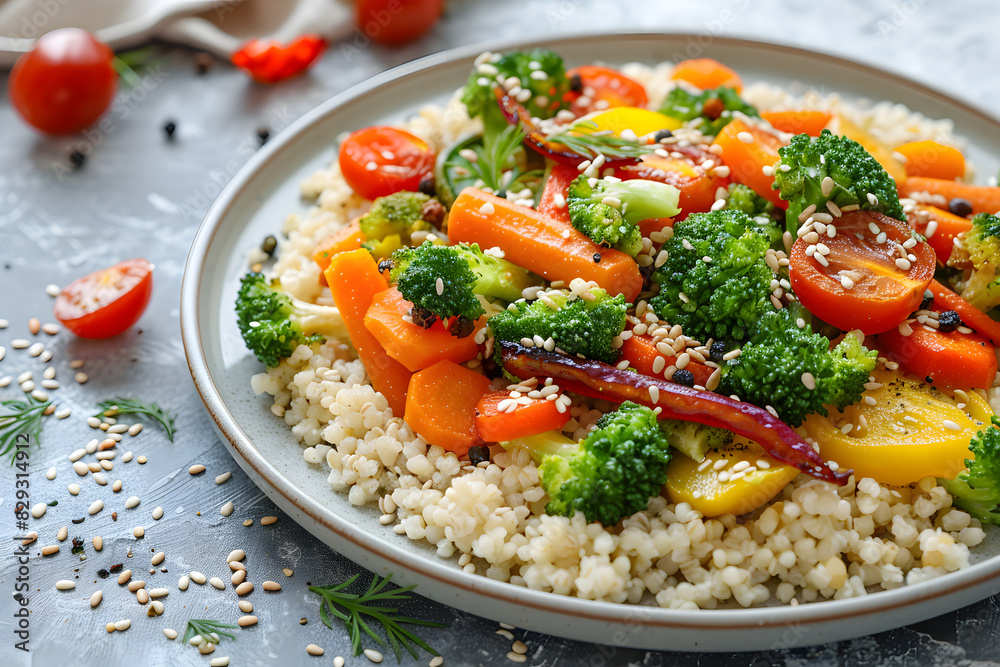 A delightful dish of rice and vegetables, featuring staple food rice, nutritious broccoli, and a tasty mixture of fines herbes. Served on a table with elegant tableware A delightful dish of rice and vegetables, featuring staple food rice, nutritious broccoli, and a tasty mixture of fines herbes. Served on a table with elegant tableware