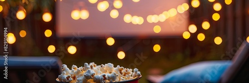 Outdoor movie night with a projector screen, popcorn, and comfy seating, blurred background photo