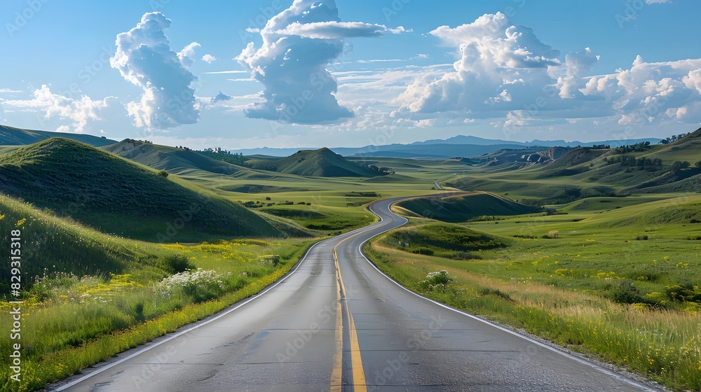 Naklejka premium a top view of a rural road with rolling hills, centered with sharp detail and ample copy space. 