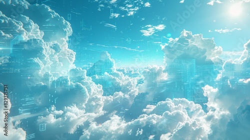 A futuristic scene of clouds parting to reveal a digital world inside, showcasing the idea of cloud-based virtual environments. photo