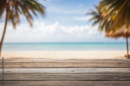 Wooden table with blurry beach summer background