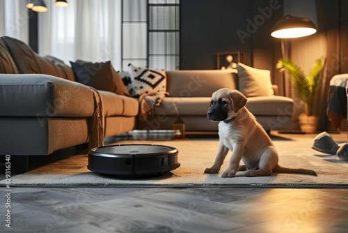Robot Vacuum in Action: A sleek washing robot vacuum cleaner efficiently cleaning a cozy modern living room photo