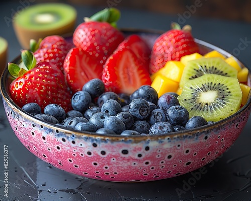 A vibrant bowl of mixed fruit  showcasing strawberries  blueberries  and kiwi slices.