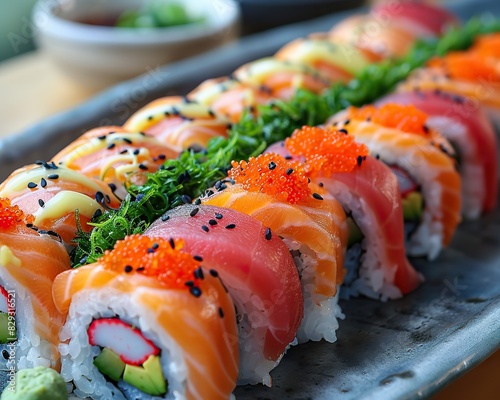 A plate of colorful sushi rolls, garnished with pickled ginger and wasabi.
