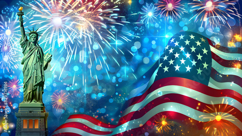 The American flag waving in the wind and statue liberty with fireworks in the background, celebrating the USA national holiday on July 4th in a festive concept