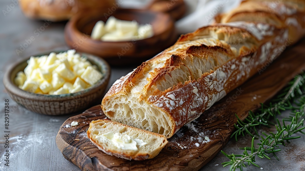 A fresh baguette, sliced and spread with butter. A fresh baguette, sliced and spread with butter.