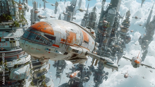 A large orange and white space ship is flying through a city with many buildings