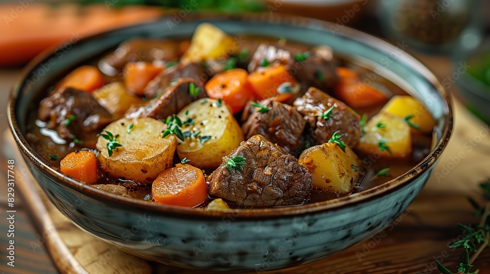 A bowl of hearty beef stew, with chunks of potato and carrots.