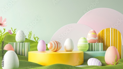 Product display platform and Easter themed decoration with eggs Template for showcasing branding and holiday packaging photo