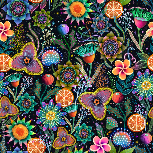 Seamless pattern with incredible plants. Beautiful botanical background with whimsical flowers.