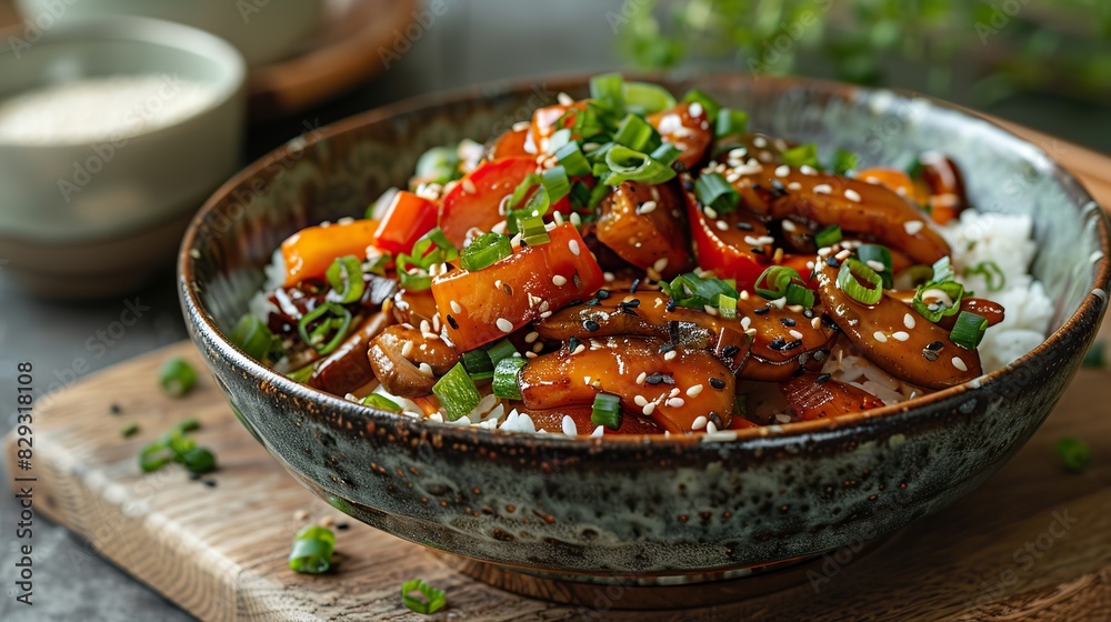 A bowl of vibrant vegetable stir-fry, served over steamed rice. A bowl of vibrant vegetable stir-fry, served over steamed rice.