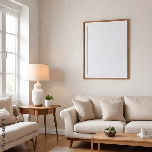Frame mockup, ISO A paper size. Living room poster mockup. Modern interior design. Living room Interior mockup with house background. 3D render