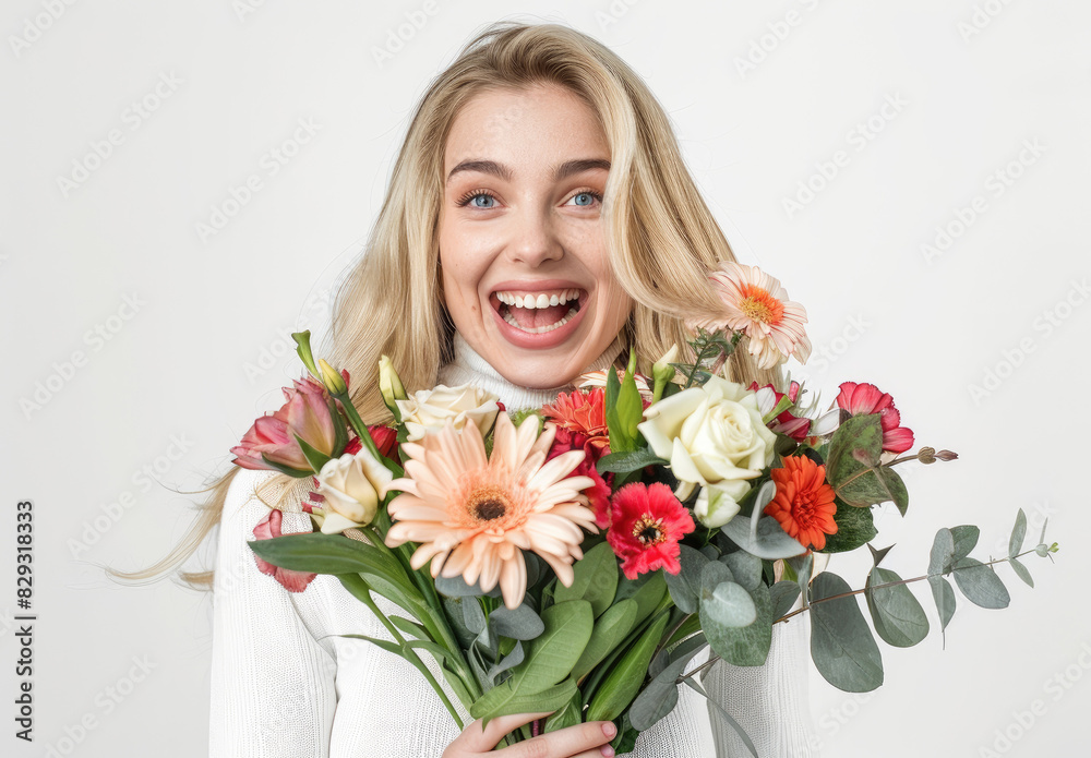 beautiful woman with blonde hair in white turtleneck holding bouquet of flowers, happy and excited face expression on isolated background