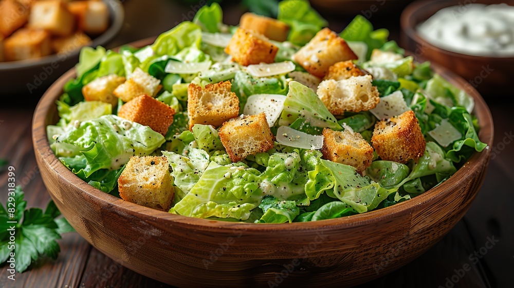 A fresh Caesar salad with croutons, Parmesan, and Caesar dressing. A fresh Caesar salad with croutons, Parmesan, and Caesar dressing.