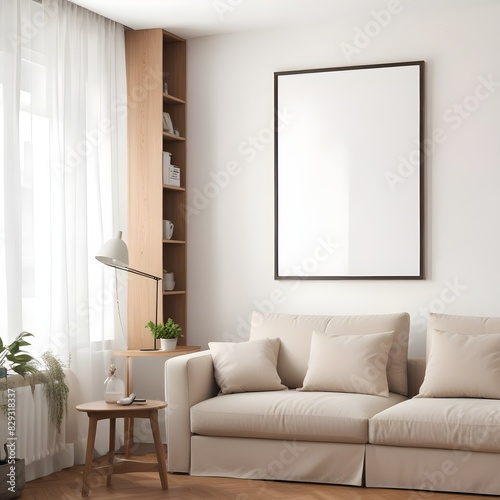 Frame mockup, ISO A paper size. Living room poster mockup. Modern interior design. Living room Interior mockup with house background. 3D render