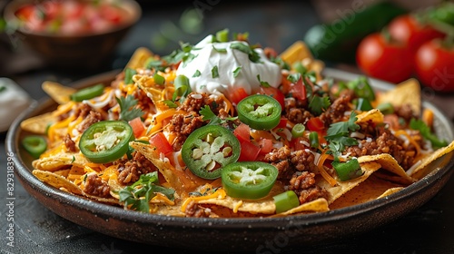 A platter of spicy nachos  topped with cheese  jalape   os  and sour cream.