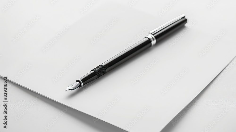 Black fountain pen resting on a blank sheet of white paper with a minimalist background Black fountain pen resting on a blank sheet of white paper with a minimalist background