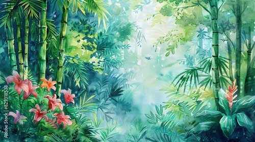 Fantasy tropical rainforest with bamboo and plants. Cartoon or anime watercolor painting illustration style