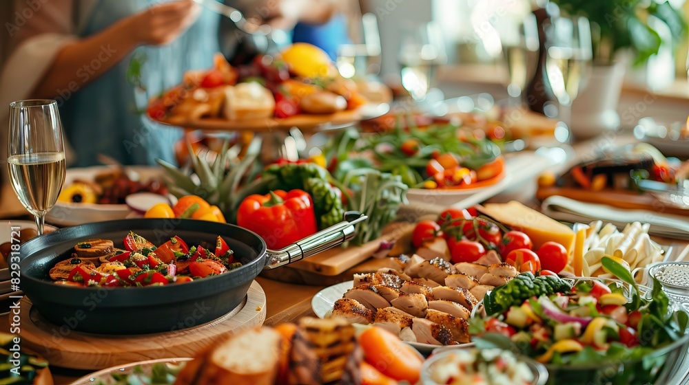 Table filled with a variety of colorful dishes, fresh vegetables, fruits, and glasses of wine at a gathering