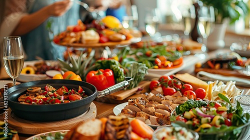 Table filled with a variety of colorful dishes, fresh vegetables, fruits, and glasses of wine at a gathering