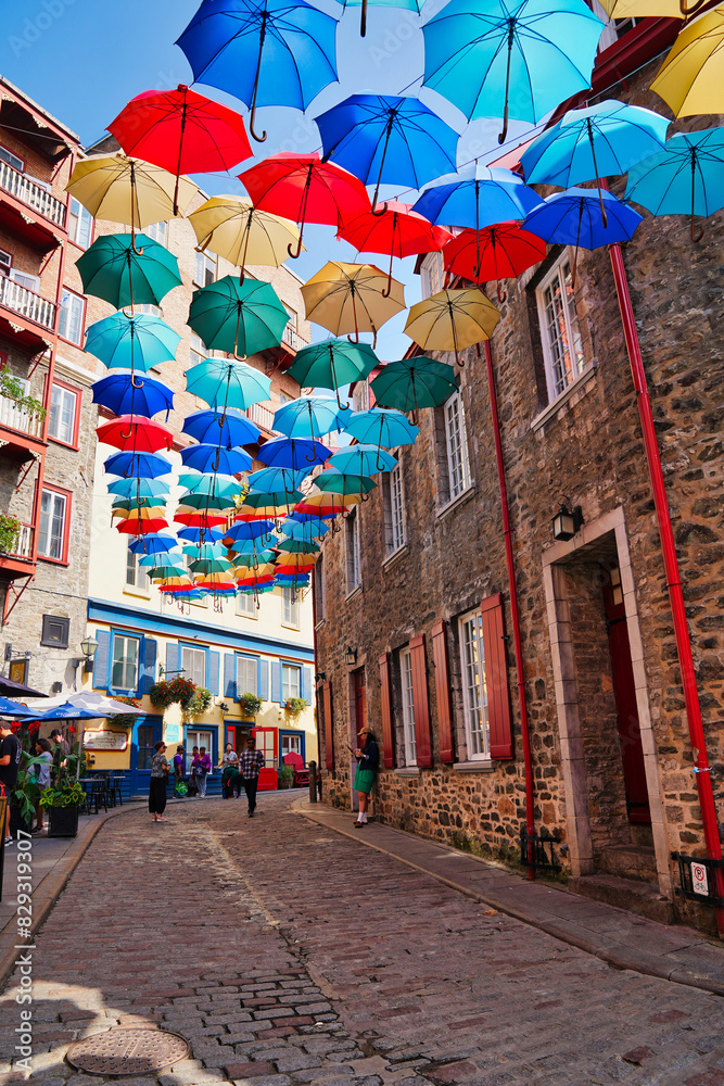 Fototapeta premium Quebec's iconic Umbrella Alley featuring a public art display of colorful parasols suspended high over the Petit Champlain shopping area in Quebec city, the capital of Quebec province,Canada