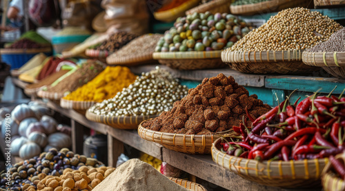 Agriculture products in street market. spices. Generative AI. photo