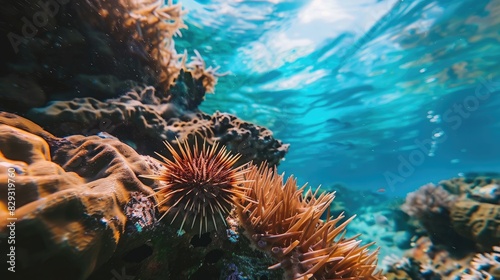 Sea Urchin Resting on Coral in the Underwater Surroundings of a Tropical Beach