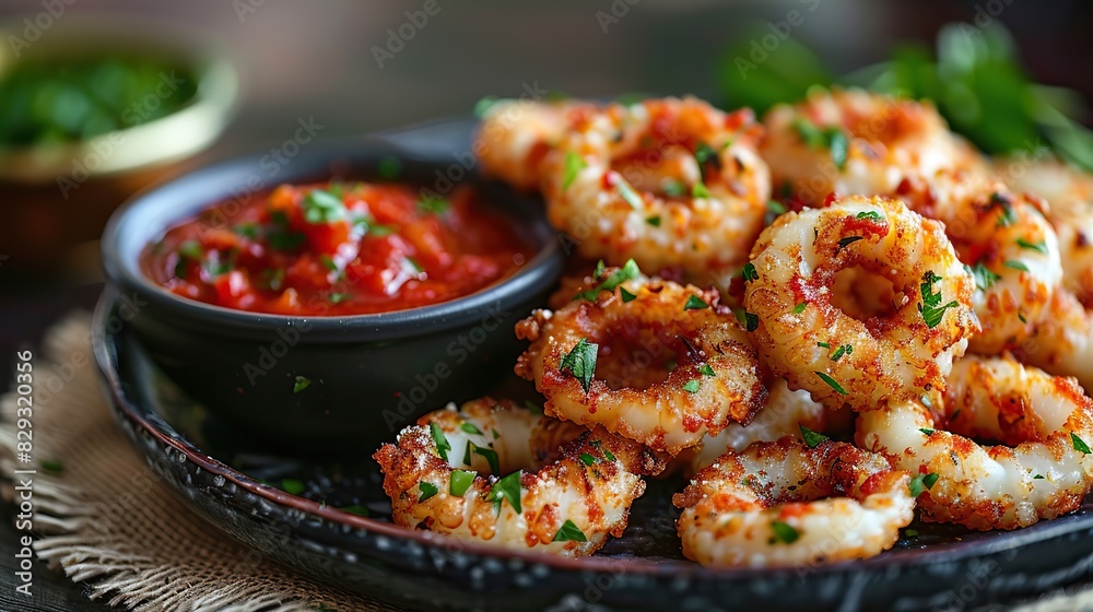 A plate of crispy calamari, served with marinara sauce. A plate of crispy calamari, served with marinara sauce.