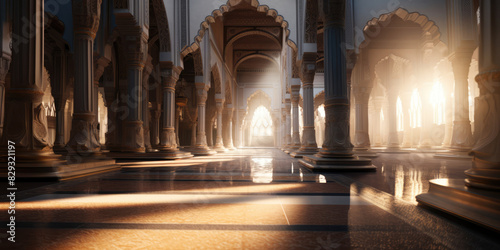Abstract Islamic Interior Design. Oriental Palace Interior with Arches  Columns and Golden Decor. Mosque Interior. Eid Mubarak Ramadan Kareem  Eid al-Adha