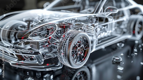 3D Close-Up of Automotive Parts: parts like engines, dashboards, or advanced infotainment systems. Emphasize the precision engineering and technological advancements in the automotive industry.