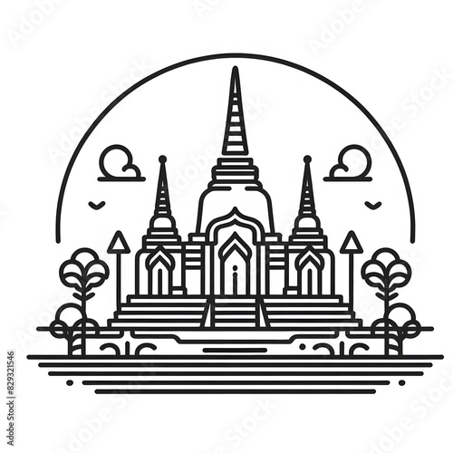 AI Generate of Line Icon of Buddhist Temple, Buddha's Temple, Buddha, Temple, with White Background