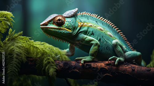 Green colored chameleon close up