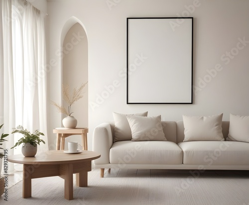 Frame mockup, ISO A paper size. Living room poster mockup. Modern interior design. Living room Interior mockup with house background. 3D render