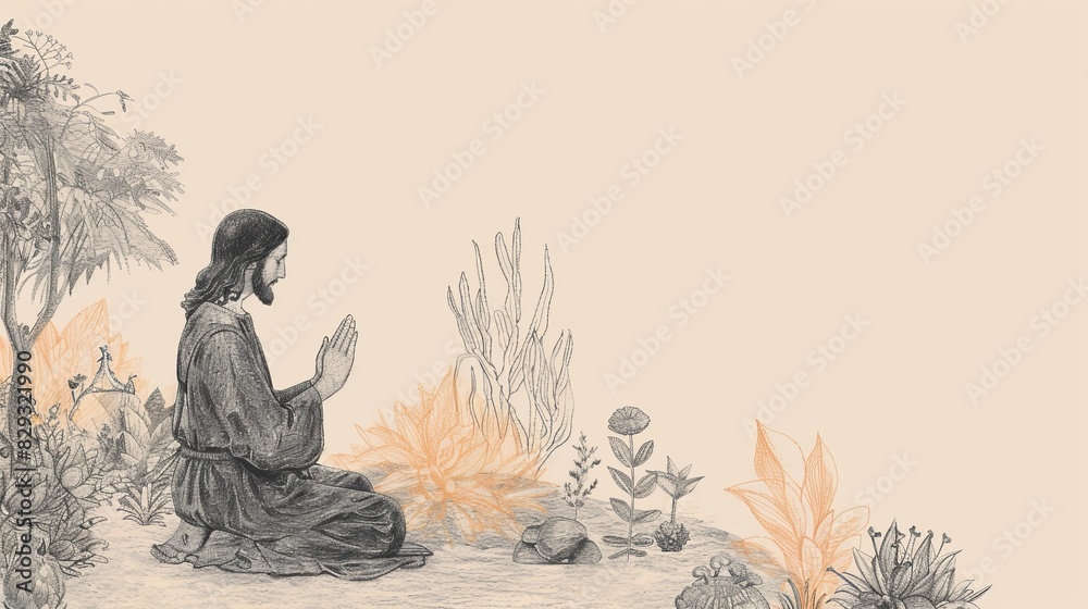 Faith and Reflection: Jesus in Prayer in Garden, a Serene Biblical Illustration of Spiritual Connection Faith and Reflection: Jesus in Prayer in Garden, a Serene Biblical Illustration of Spiritual Connection
