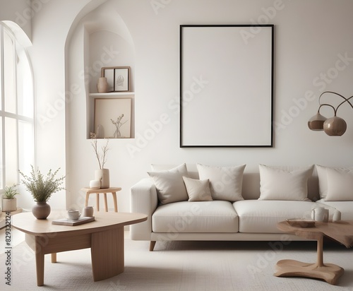 Frame mockup, ISO A paper size. Living room poster mockup. Modern interior design. Living room Interior mockup with house background. 3D render