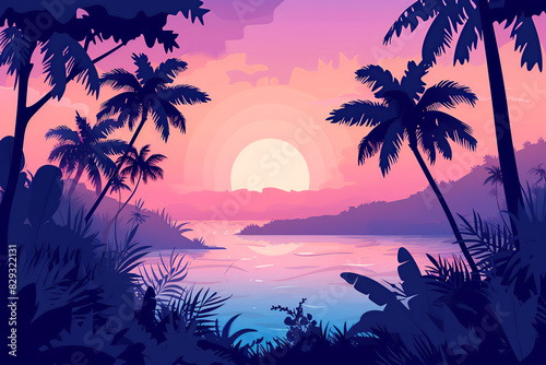 Tropical summer beach. Cartoon flat illustration. Silhouettes of palm trees against pink sunset sky and sea
