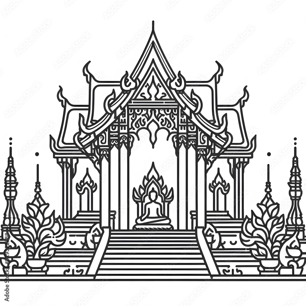 Fototapeta premium AI Generate of Line Icon of Buddhist Temple, Buddha's Temple, Buddha, Temple, with White Background