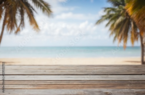 Wooden table with blurry beach summer background © Tayyab