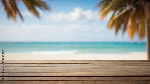 Wooden table with blurry beach summer background