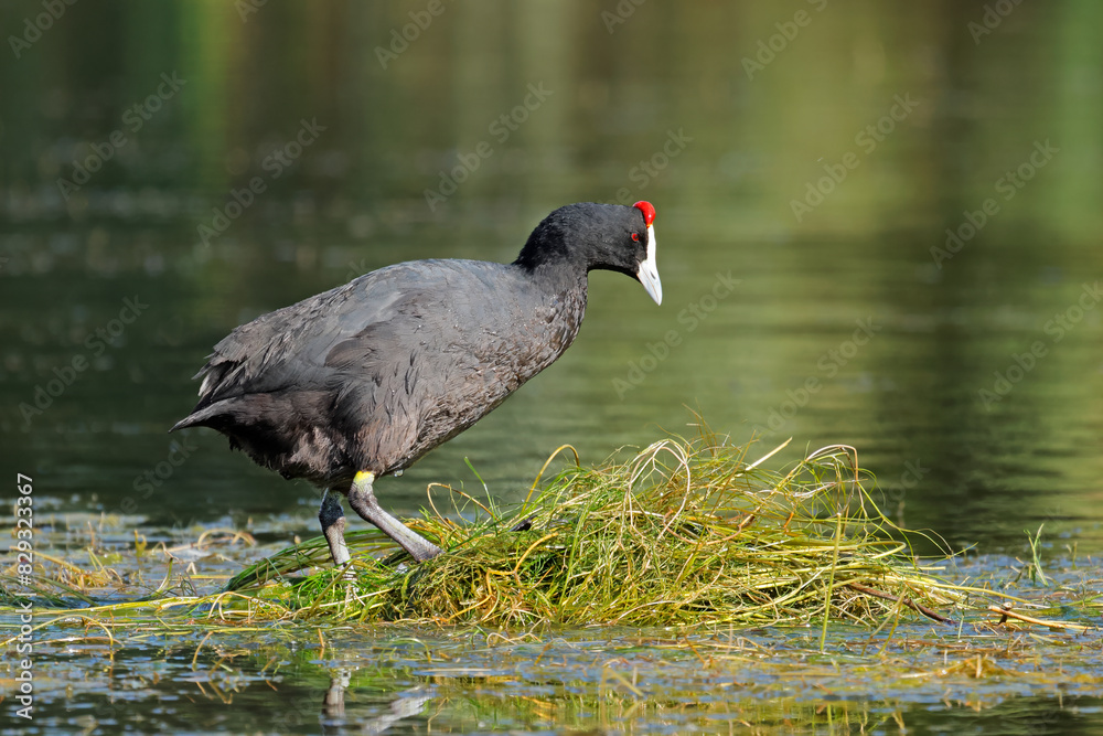 A red-knobbed coot (Fulica cristata) standing on floating vegetation of a pond, South Africa.