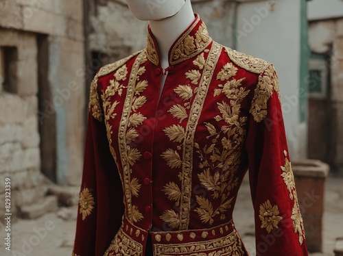 elaborate traditional attire embroidered in crimson and gold