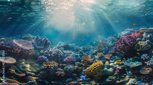 Beautiful colorful corals under the sea and schools of fish