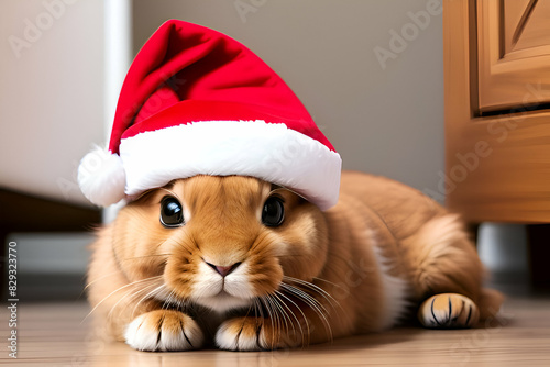Bunny in the red santa claus hat with carrot