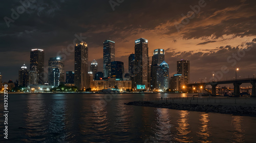 Detroit skyline at sunset, reflecting on the tranquil waters of the Detroit River front, Travel. Generative ai.