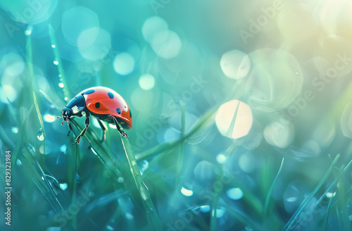 A ladybug perched on the edge of green grass  with dewdrops glistening in its red shell and black dots.