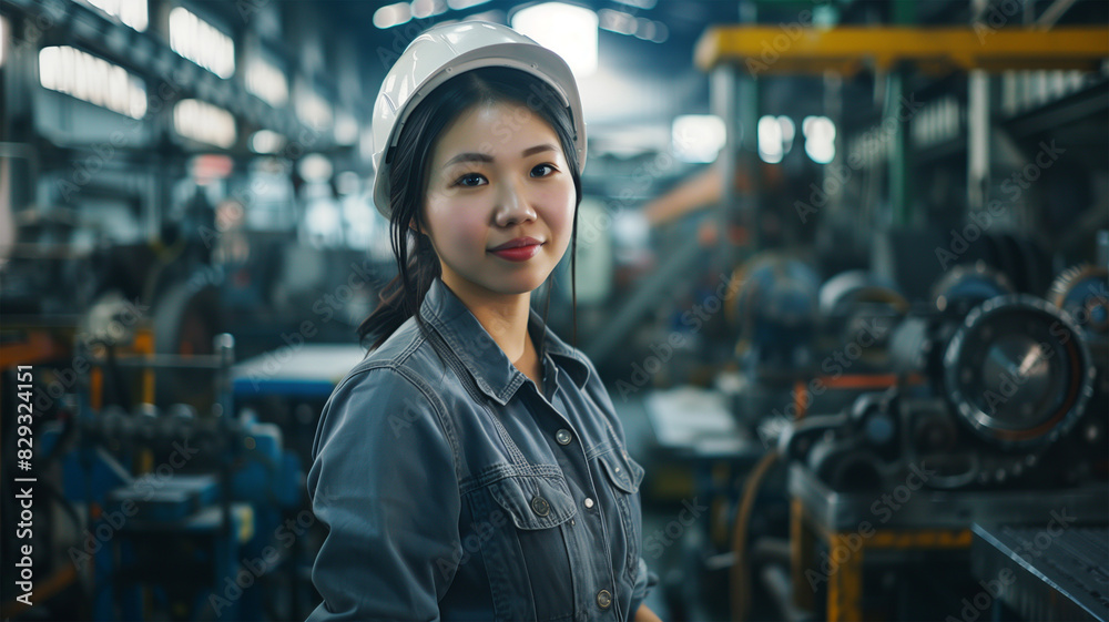 機械作業をしている若い女性 機械作業をしている若い女性