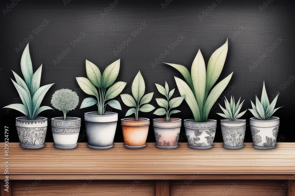 A row of houseplants in flowerpots on a wooden table in front of a blackboard. A row of houseplants in flowerpots on a wooden table in front of a blackboard.